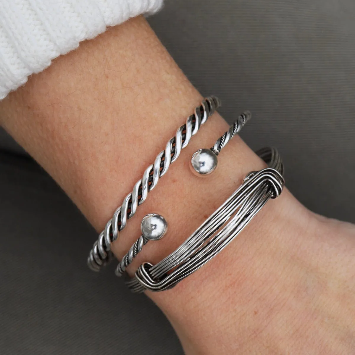 Thin Twisted Dots & Tube with Ball Ends Sterling Silver Cuff