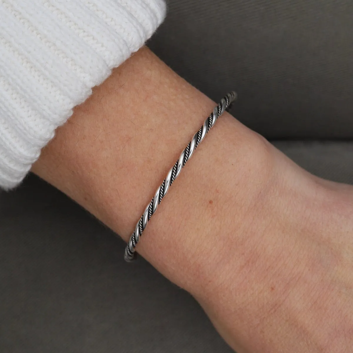 Thin Twisted Dots & Tube with Ball Ends Sterling Silver Cuff