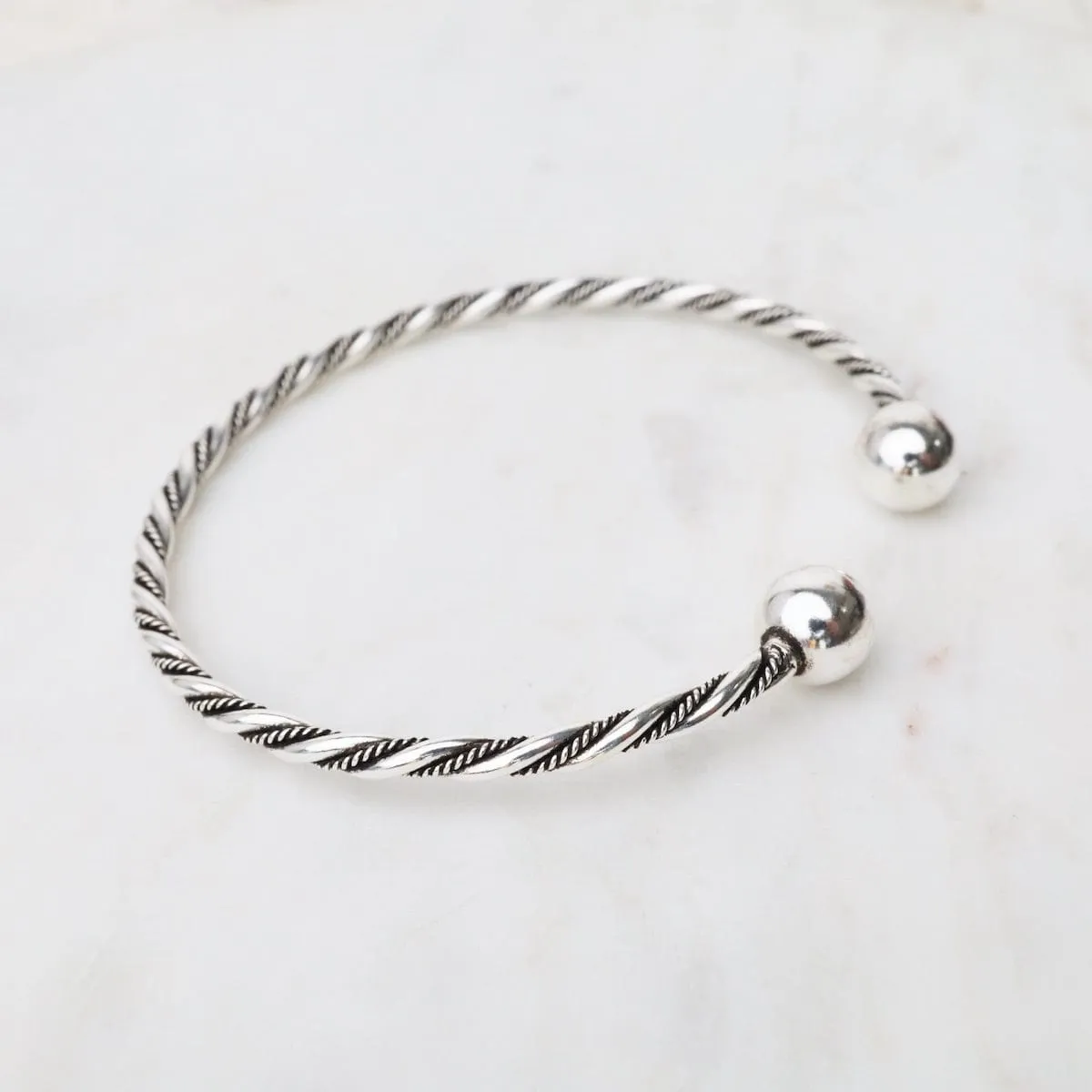 Thin Twisted Dots & Tube with Ball Ends Sterling Silver Cuff