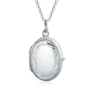 Vintage Antique Style Oval Locket Necklace with Etched Leaf Scroll Design