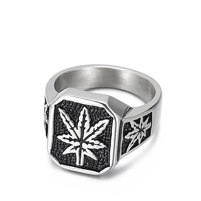 Vintage European and American Men's Punk Maple Leaf Titanium Steel Rings - Custom Creative Fashion - Sizes 8-13