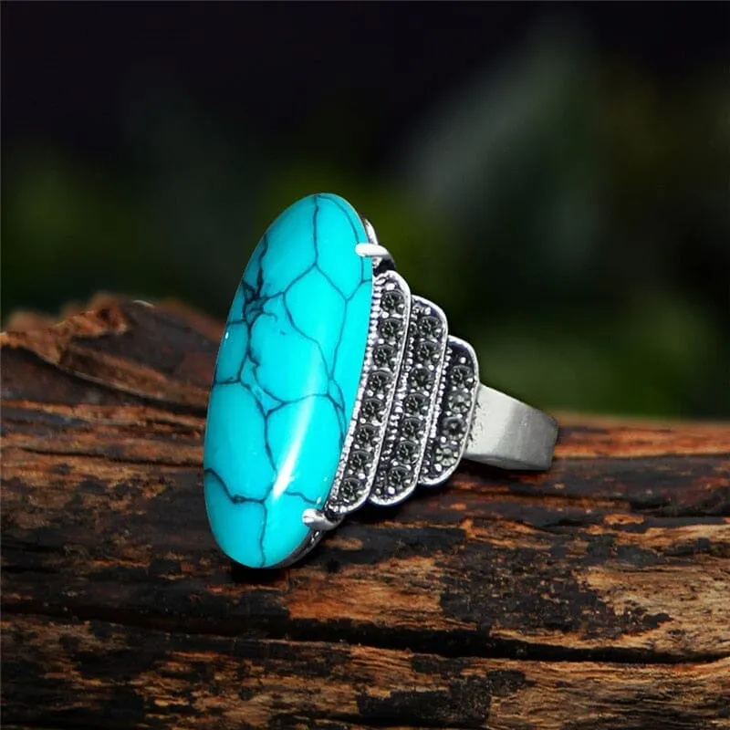 Vintage Eye Shape Synthetic Turquoise Ring