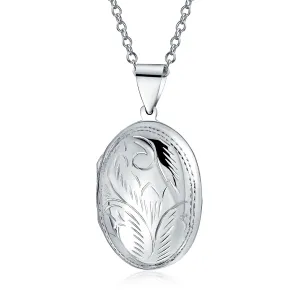 Vintage Floral Leaf Oval Locket Necklace for Photos Silver Pendant Large Size