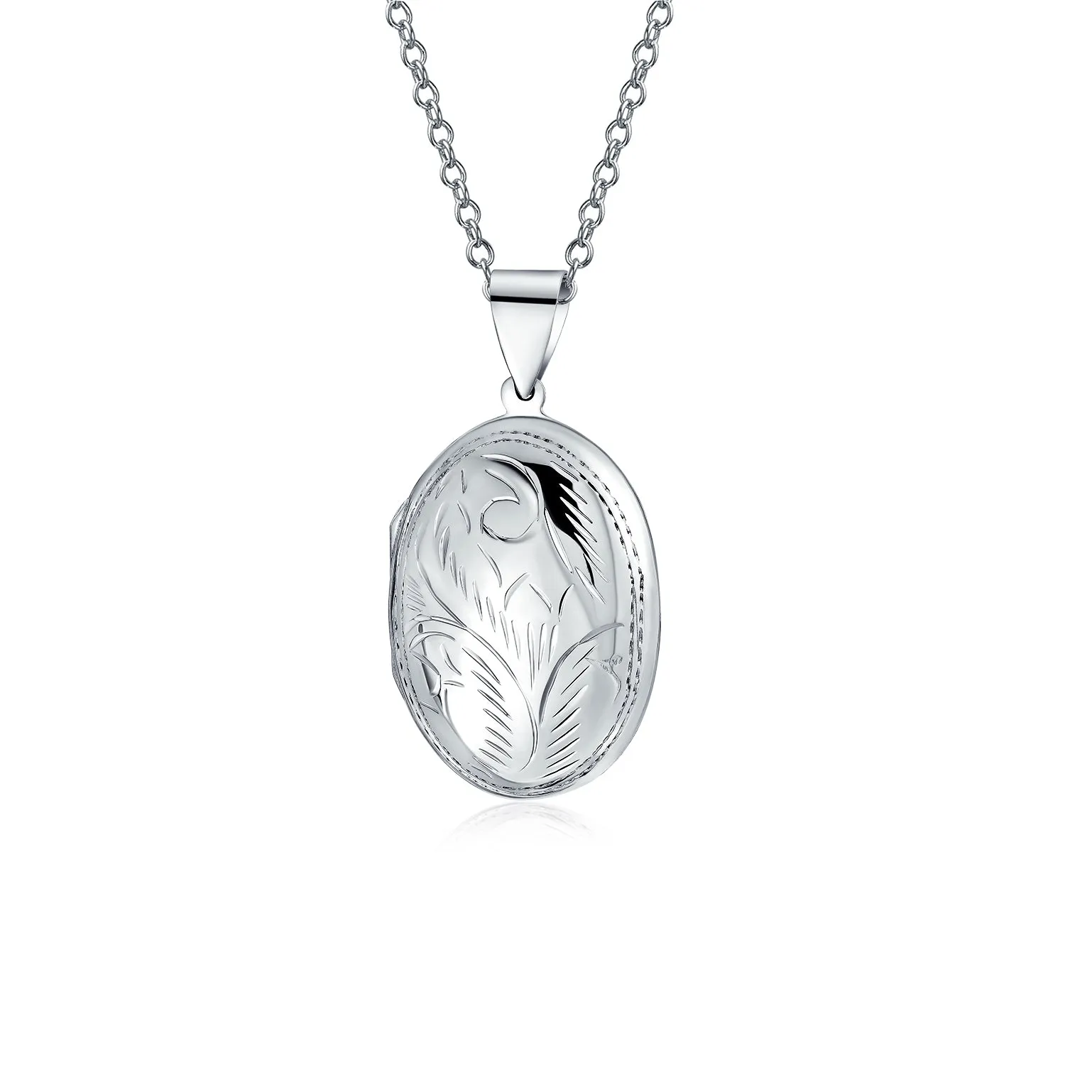 Vintage Floral Leaf Oval Locket Necklace Pendant for Photos Silver Small