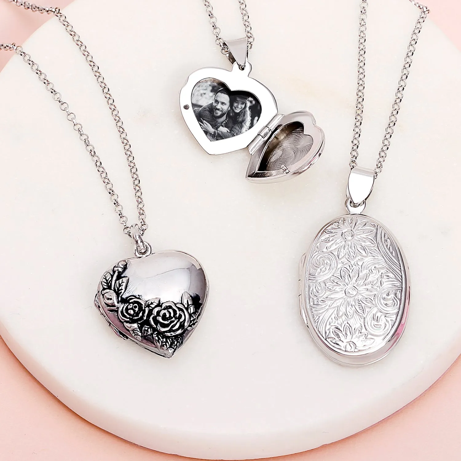 Vintage Style Floral Rose Heart Locket Necklace Pendant in Sterling Silver