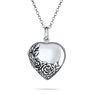 Vintage Style Floral Rose Heart Locket Necklace Pendant in Sterling Silver