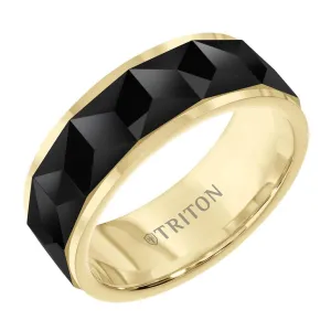 WONG 8MM Black & Yellow Tungsten Carbide Comfort Fit Ring - Faceted Chevron Pattern and Bevel Edge