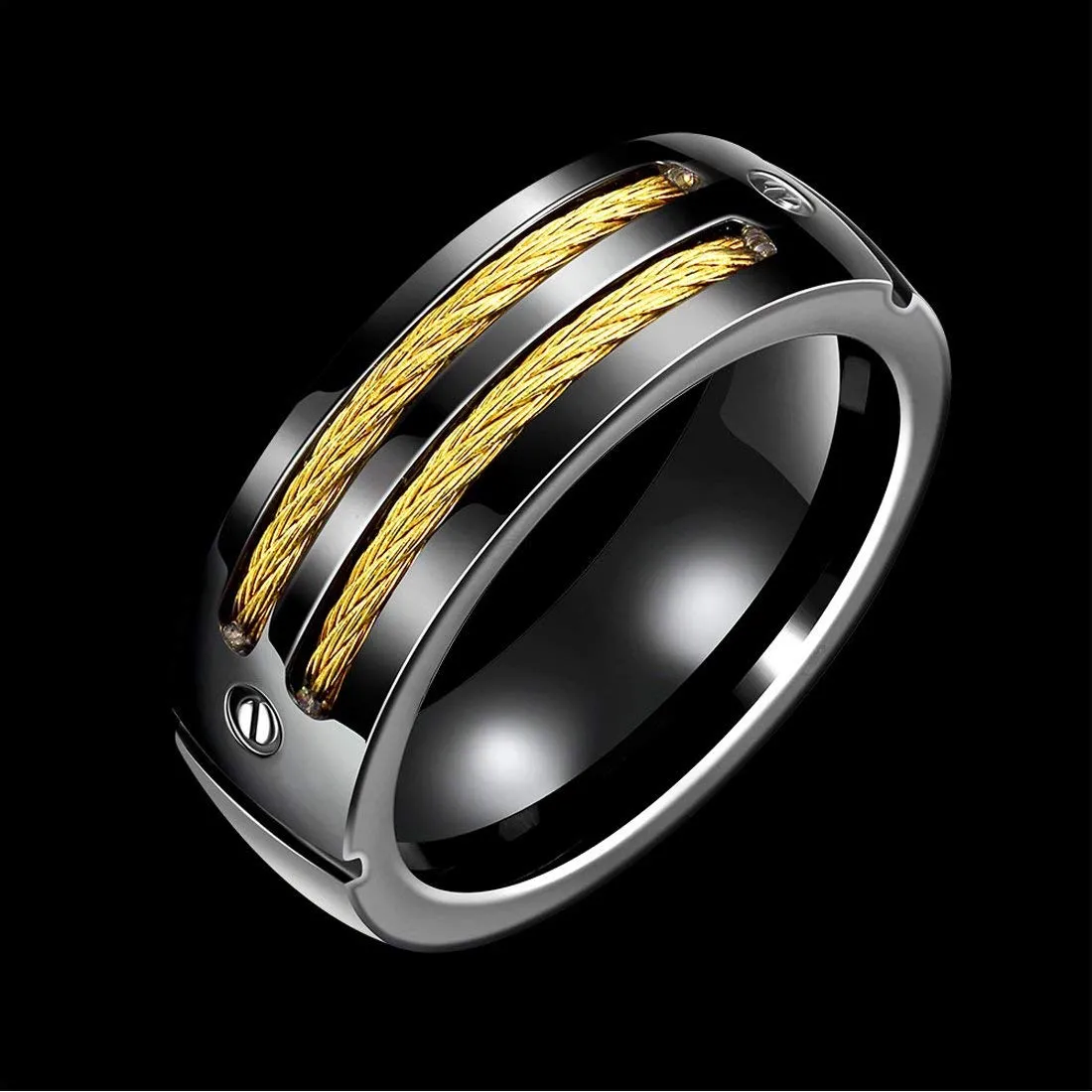 Yellow Chimes Rings for Men Black Band Rings Screwed Cable Black Gun Plated Finger- Thumb Stainless Steel Ring for Men and Boys.