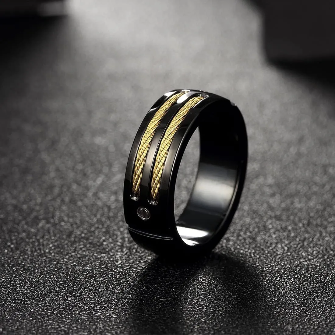 Yellow Chimes Rings for Men Black Band Rings Screwed Cable Black Gun Plated Finger- Thumb Stainless Steel Ring for Men and Boys.