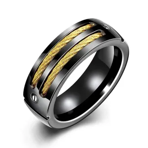 Yellow Chimes Rings for Men Black Band Rings Screwed Cable Black Gun Plated Finger- Thumb Stainless Steel Ring for Men and Boys.